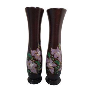 Tall Hand Painted Wood Vases With Purple Floral Design Set Of 2